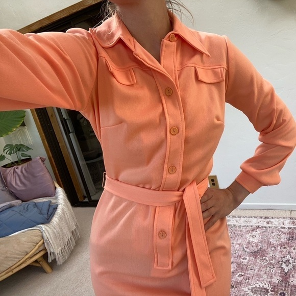 Jennifer Gee Vintage Midi Shirt Dress Bright Peach Salmon Pink Orange - Picture 12 of 14